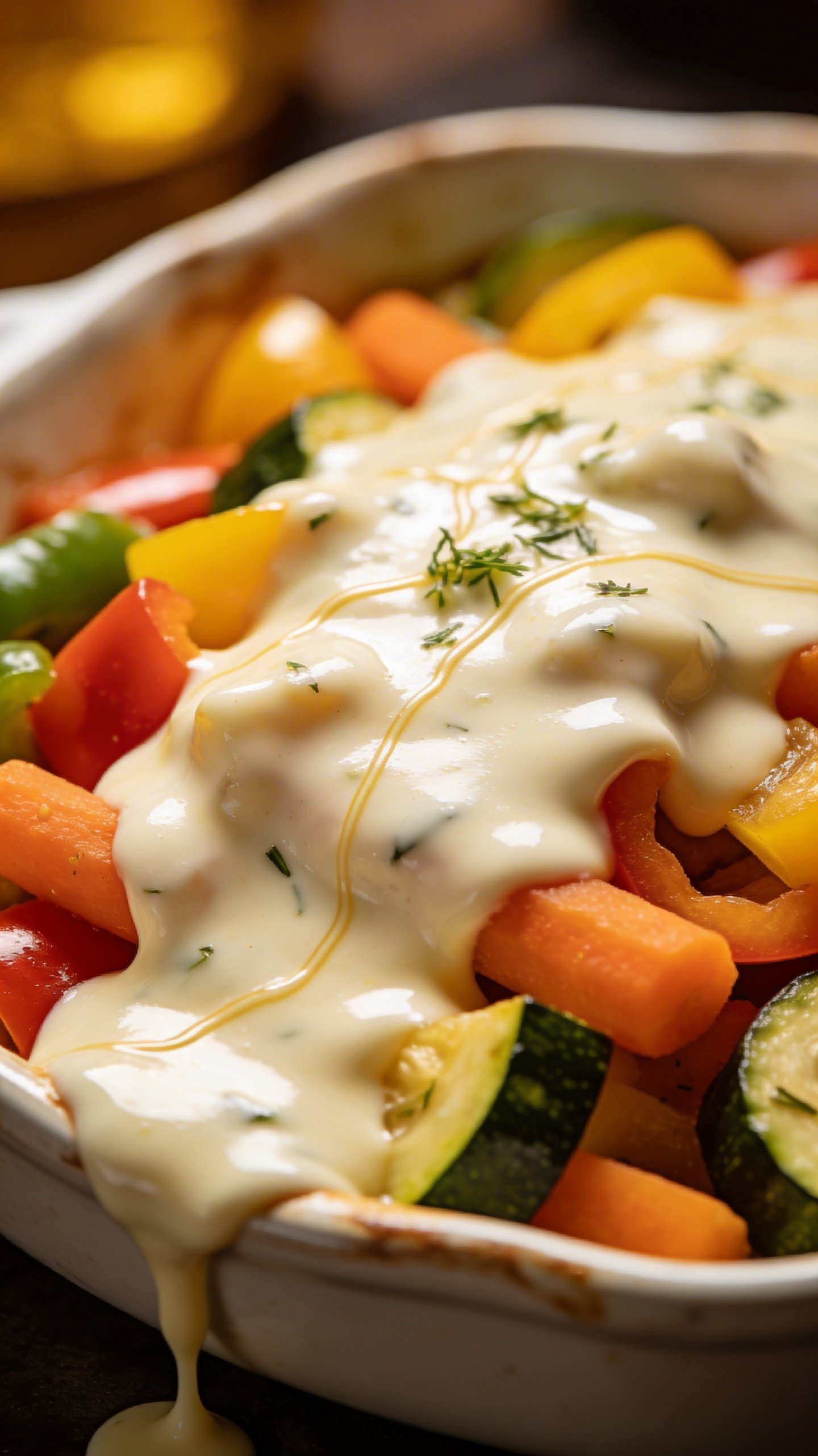 Creamy Perfection in a Chicken and Rice Casserole Bake 5 closeup of melted creamy sauce over mixed vegetables in dish
