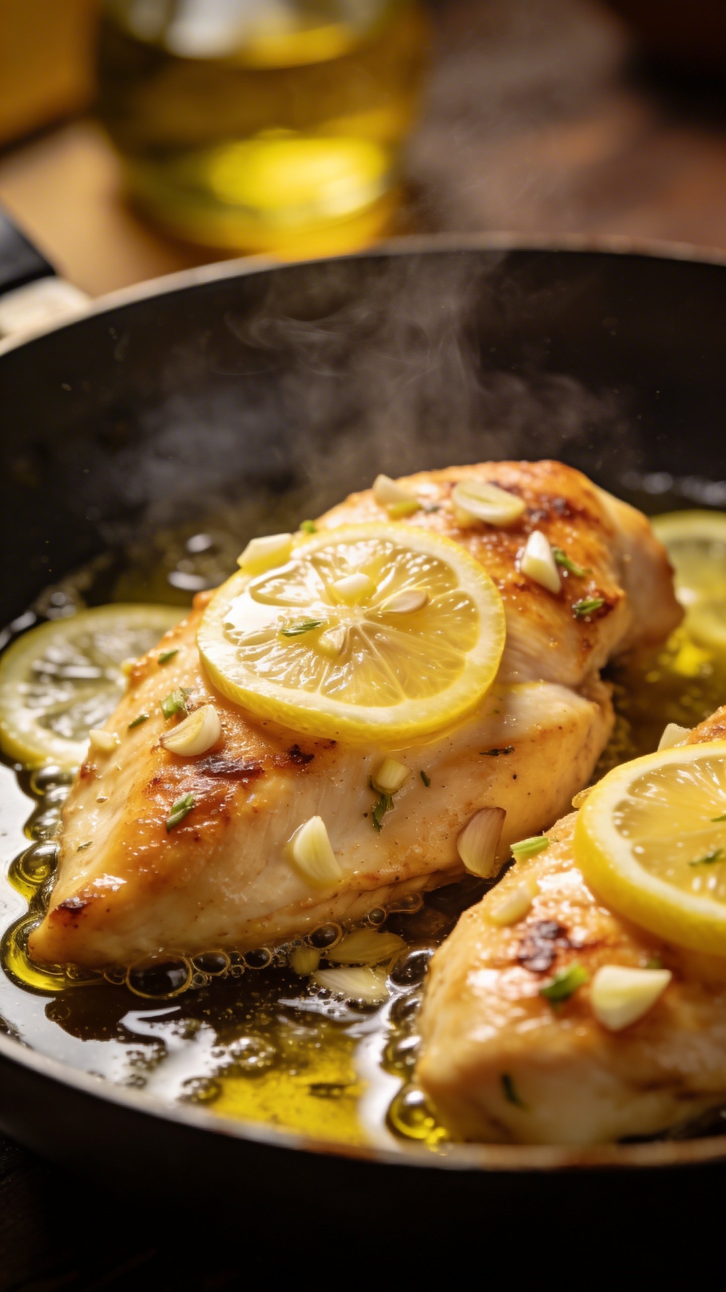 Lemon Garlic Chicken Skillet Triumph in 20 Minutes 3 closeup of lemon-garlic chicken breast sizzling in olive oil