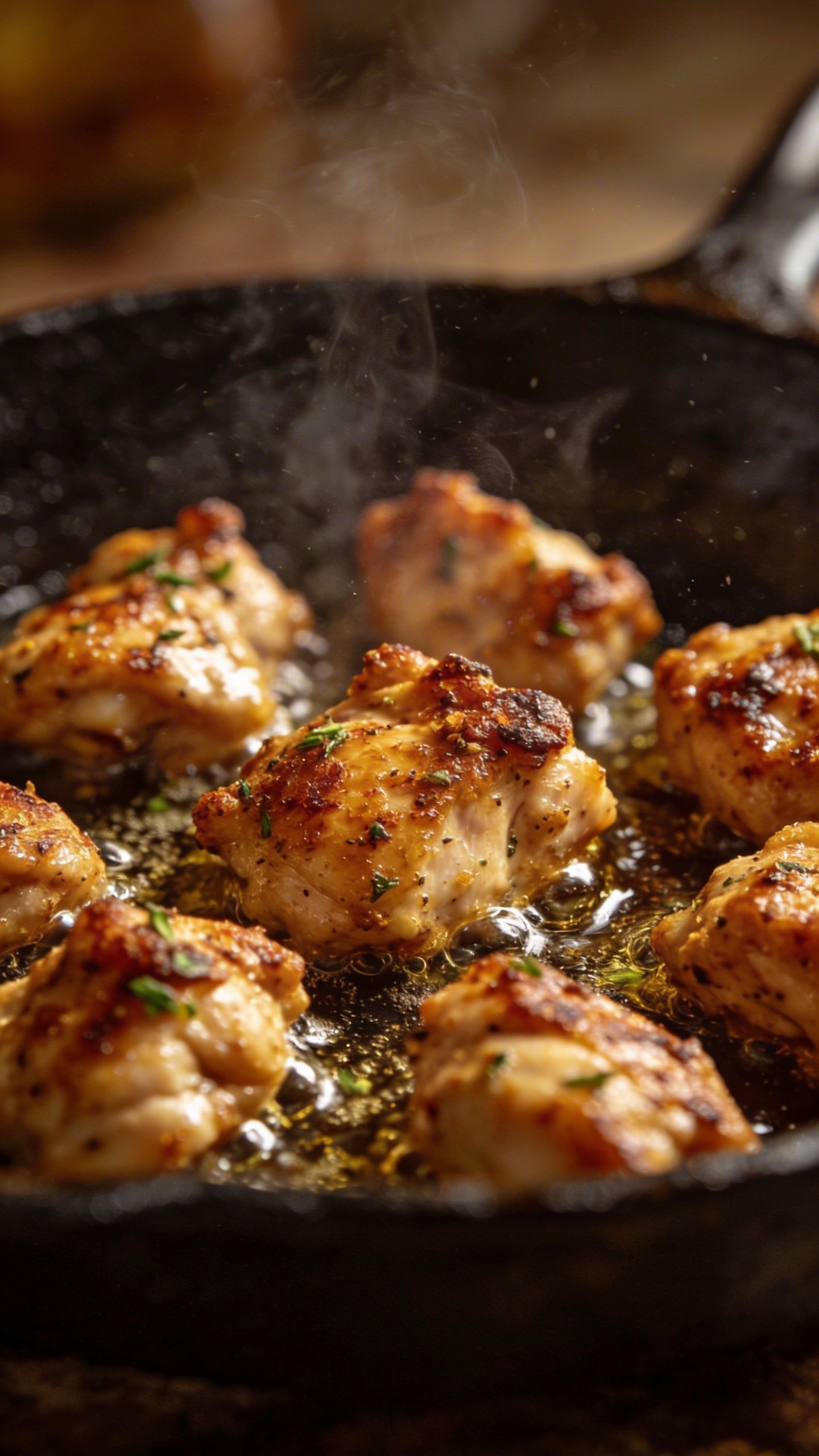 Creamy Cajun Chicken Pasta: Weeknight Skillet Wow 4 Closeup of seasoned chicken bites sizzling in pan