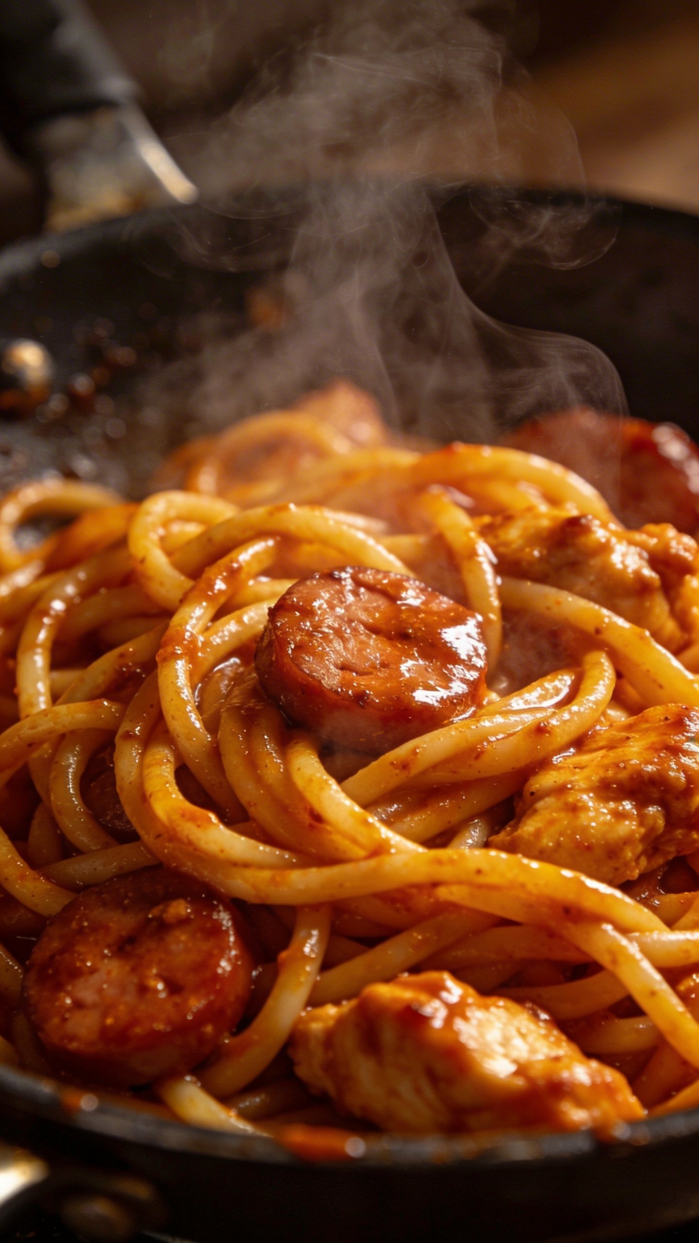Creamy Cajun Chicken Pasta: Weeknight Skillet Wow 5 Closeup of glossy Cajun pasta with steam rising from skillet