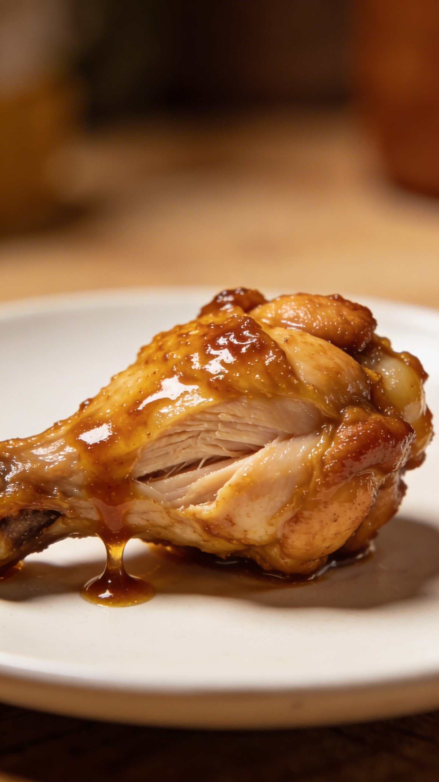 Sweet Chili Chicken: Weeknight Dinner Knockout 5 closeup of single chicken thigh piece with sticky glaze drip on plate