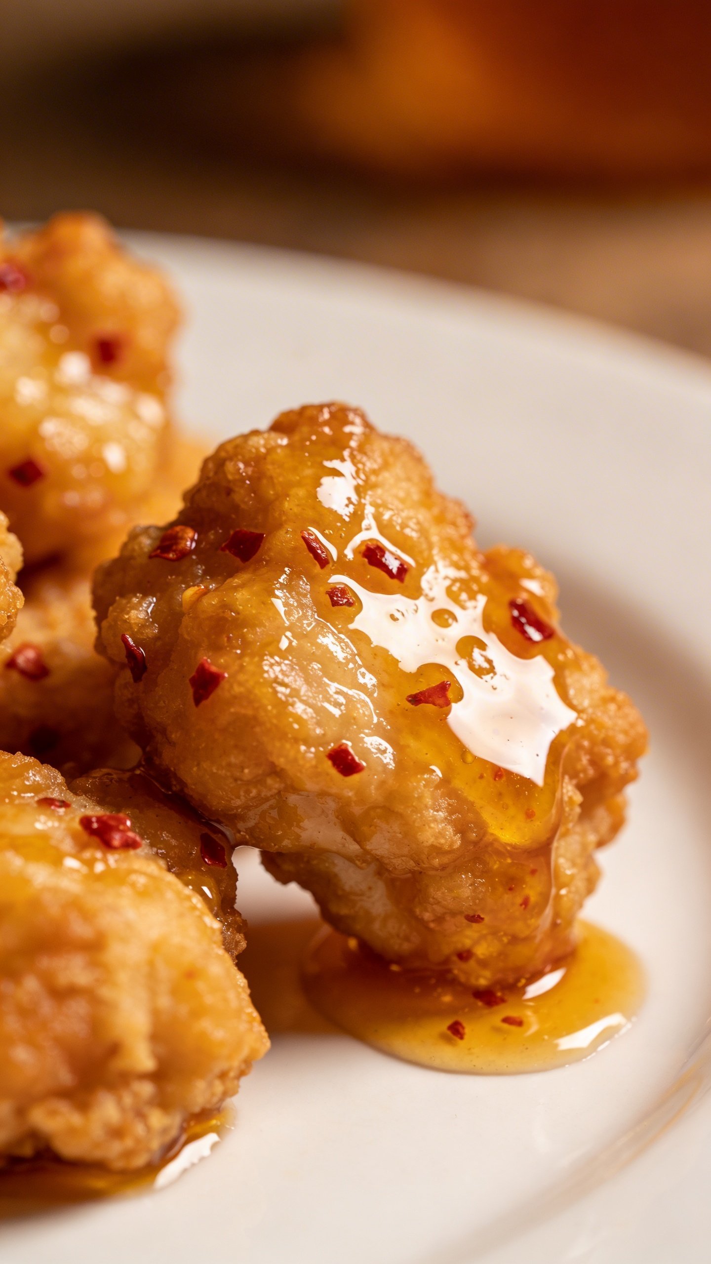 Spicy Honey Chicken: Quick, Sweet, and Spicy Smash Hit 3 Closeup of glossy spicy honey chicken bite on plate