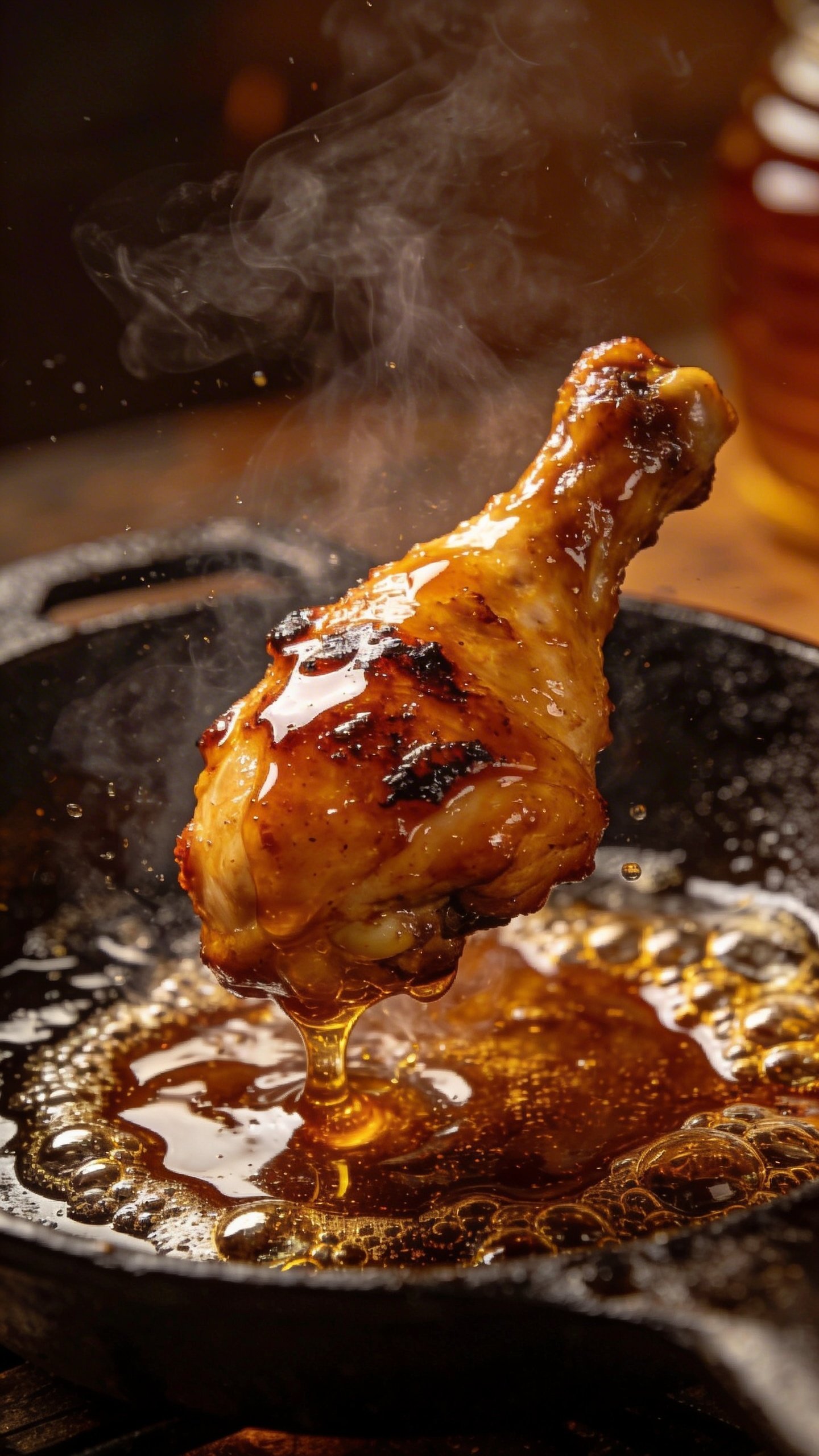 Spicy Honey Chicken: Quick, Sweet, and Spicy Smash Hit 5 Closeup of sizzling pan with honey-soy coated chicken piece on high heat