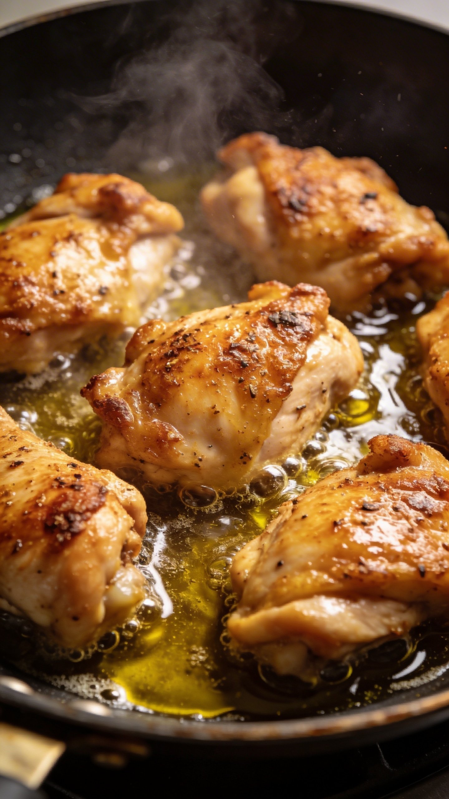 Mediterranean Chicken Bowl: Weeknight Flavor Fix 3 closeup of seasoned chicken pieces sizzling in olive oil