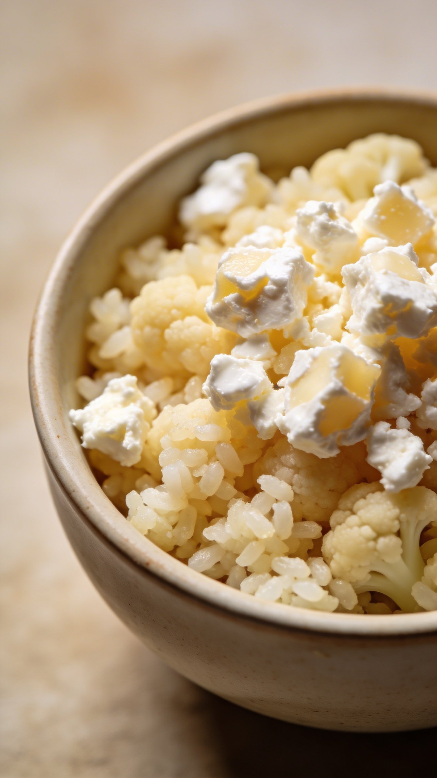 Mediterranean Chicken Bowl: Weeknight Flavor Fix 5 closeup of crumbled feta atop cauliflower rice in a small bowl