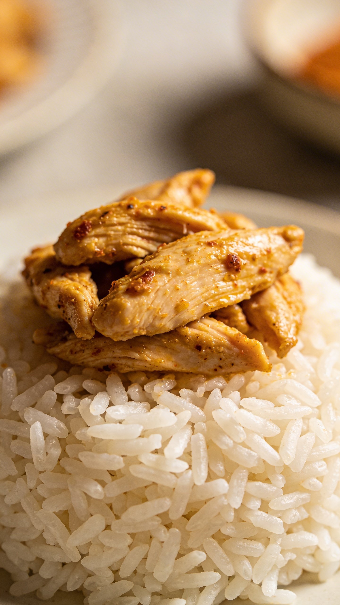 Chicken Shawarma Rice Bowl: Weeknight Wow in One Bowl 5 Closeup of fluffy white rice bed with spiced chicken topping