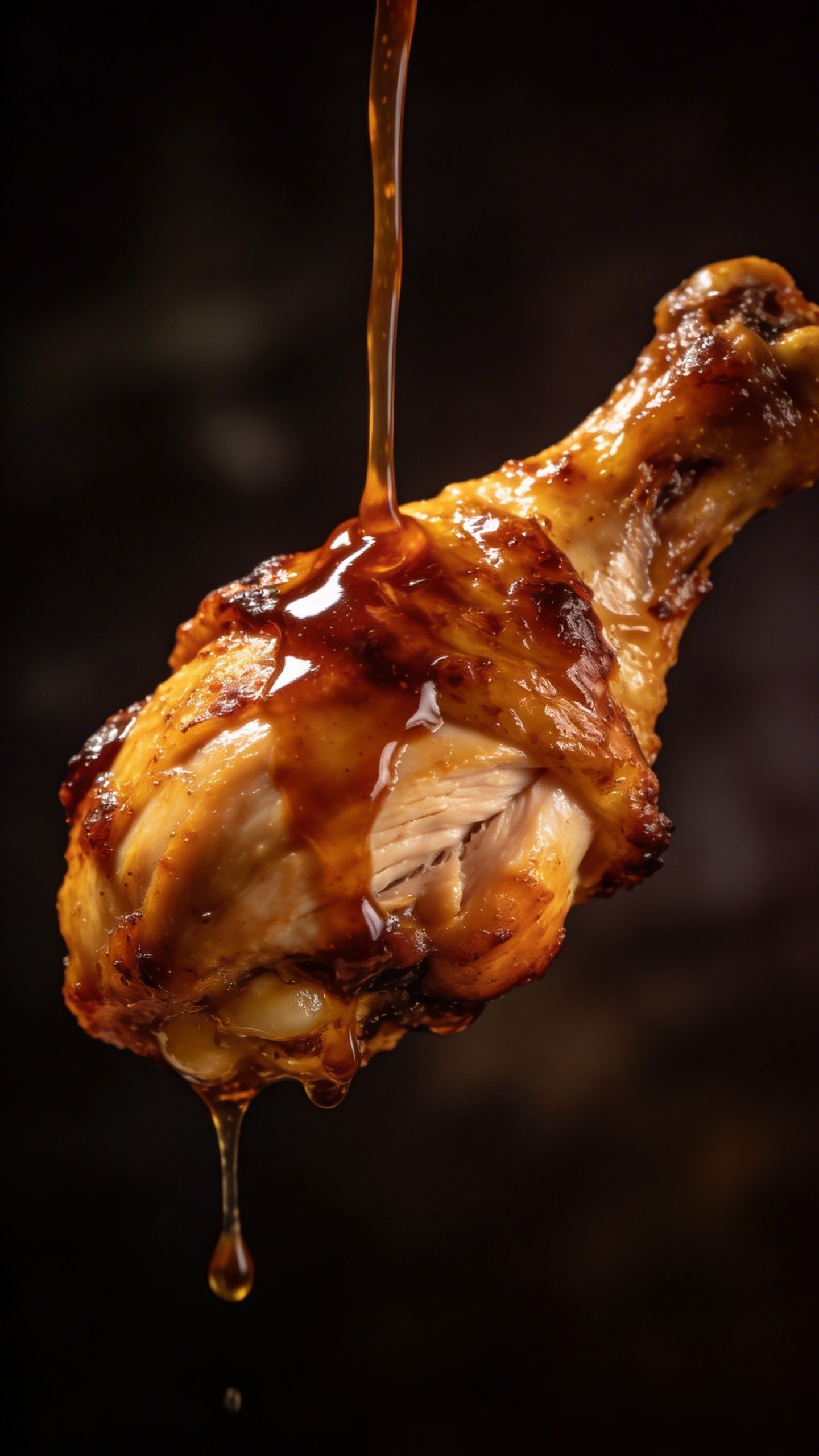 Sticky Sesame Chicken: Glaze That Sticks Like Magic 5 Closeup of caramelized glaze dripping from a single chicken thigh piece, moody backdrop