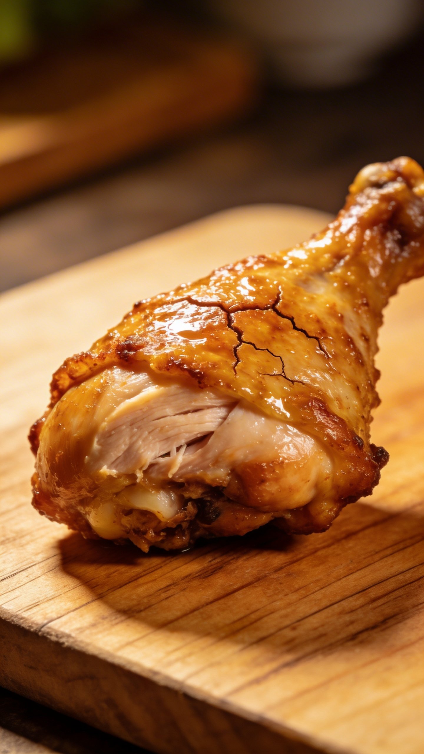 Irresistible Oven Baked Chicken Thighs Tonight 3 closeup of crispy-skinned chicken thigh on wooden cutting board