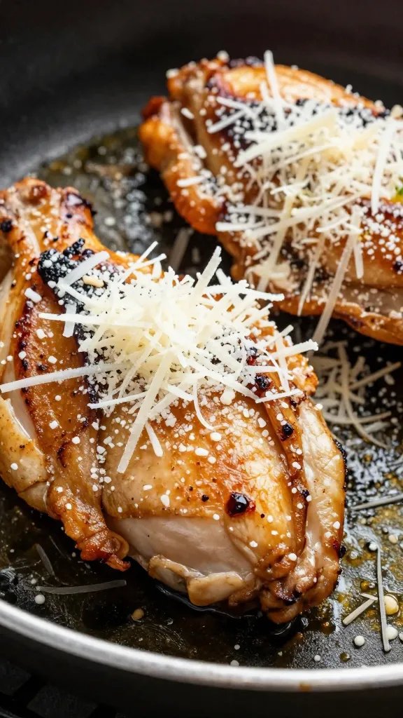 Garlic Parmesan Chicken: Weeknight Magic Quick Dinner Secrets 5 closeup of grated parmesan sprinkle on sizzling chicken pan