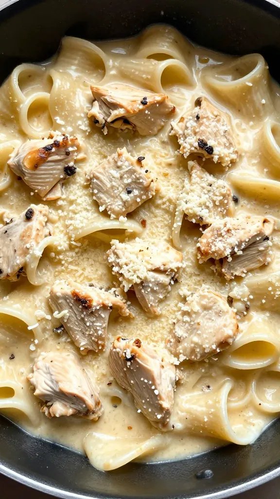 Creamy Chicken Pasta Skillet: Weeknight Win 3 closeup of creamy chicken pasta in skillet, parmesan dusted top
