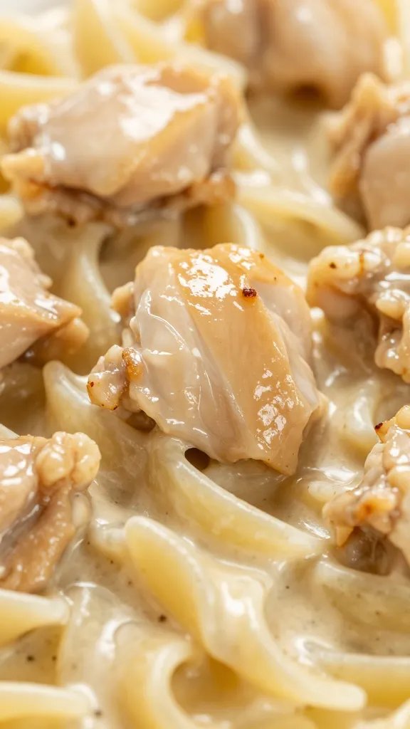 Creamy Chicken Pasta Skillet: Weeknight Win 4 closeup of glossy chicken morsels with al dente pasta, creamy sauce