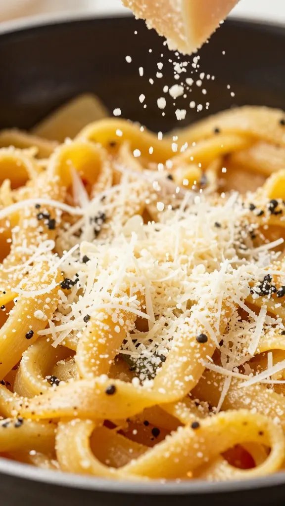 Creamy Chicken Pasta Skillet: Weeknight Win 5 closeup of grated parmesan being scraped over skillet pasta dish