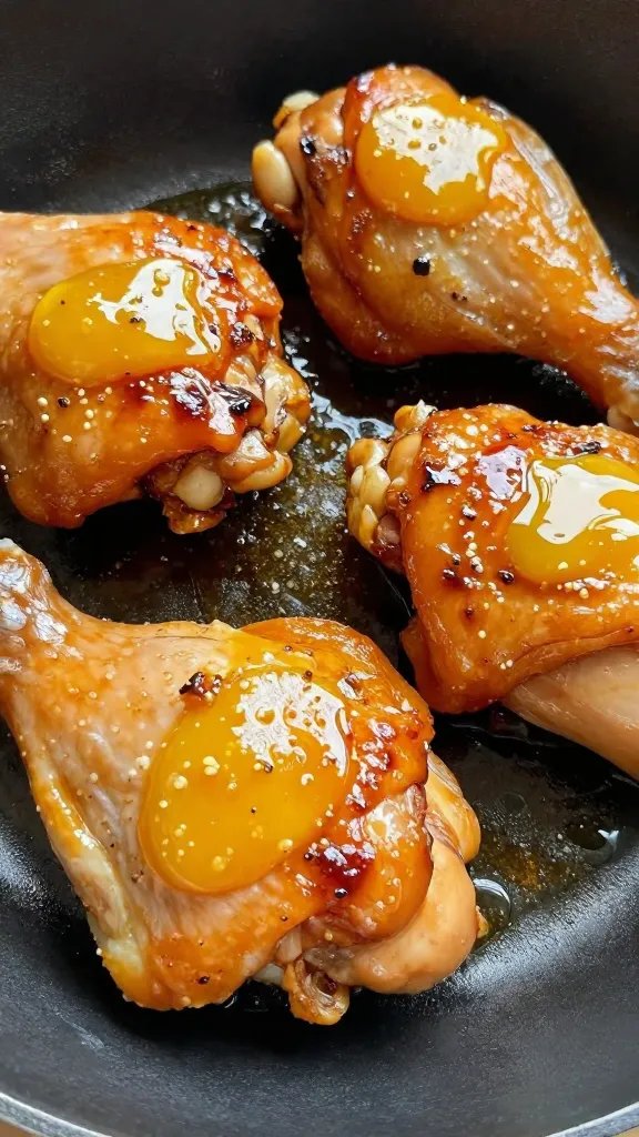 Honey Butter Chicken: a One-Skillet Glow-Up 3 closeup of glossy honey-butter chicken thigh on skillet