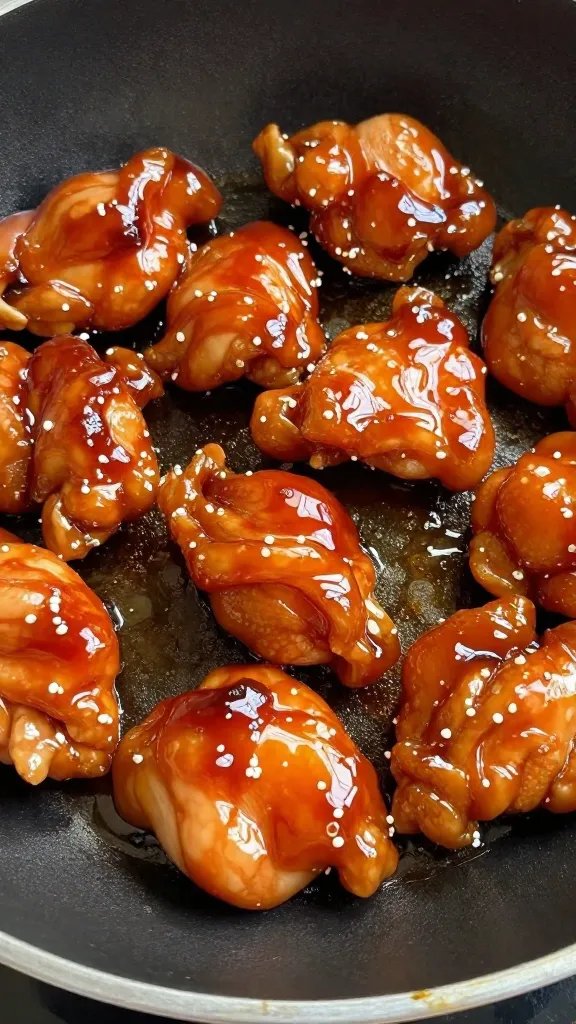 Effortless Teriyaki Chicken Recipe Wins Tonight 3 closeup of glossy teriyaki chicken glaze on sizzling pan