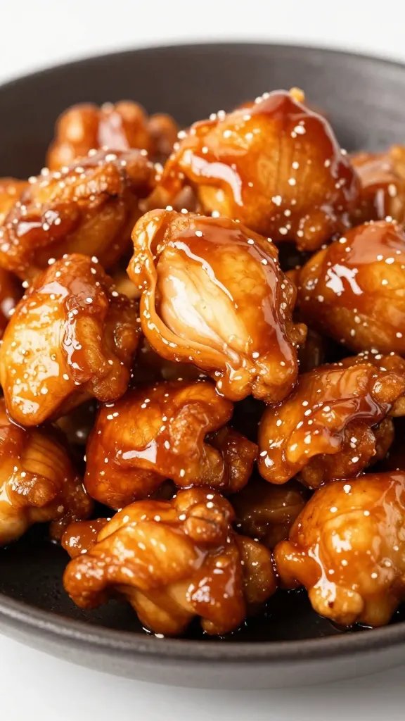 Effortless Teriyaki Chicken Recipe Wins Tonight 4 closeup of bite-sized teriyaki chicken on wok-edge plate