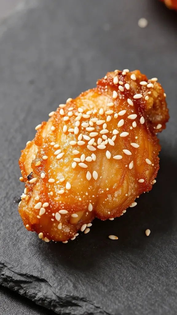 Crispy Bang Bang Chicken: Weeknight Wow 4 Closeup: single crispy chicken bite with sesame seeds on dark slate surface