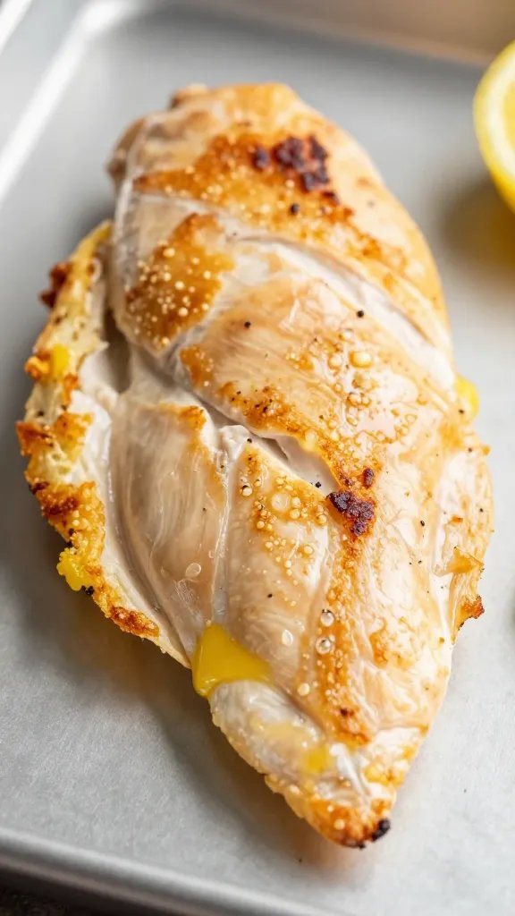 Irresistible Baked Lemon Butter Chicken Tonight 3 closeup of lemon-butter chicken breast with crisp edges on sheet pan