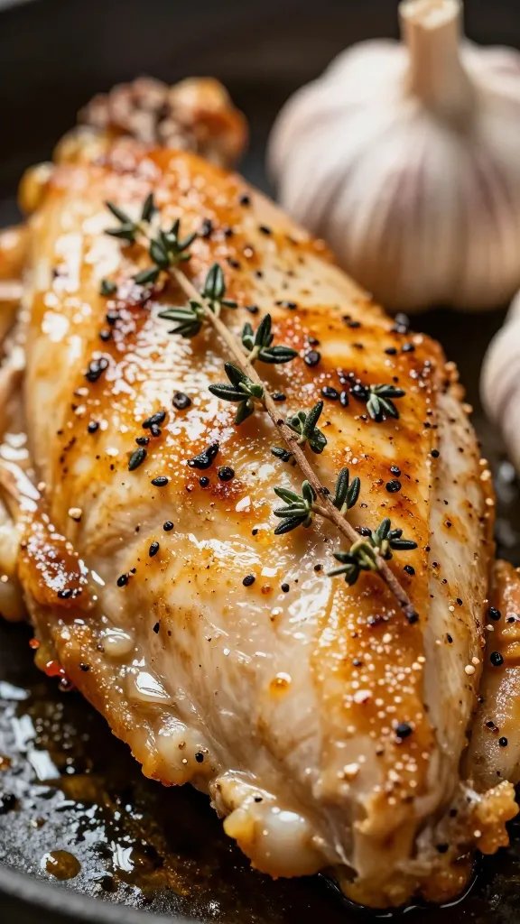 Irresistible Baked Lemon Butter Chicken Tonight 5 closeup of garlic and thyme specks on sizzling chicken surface