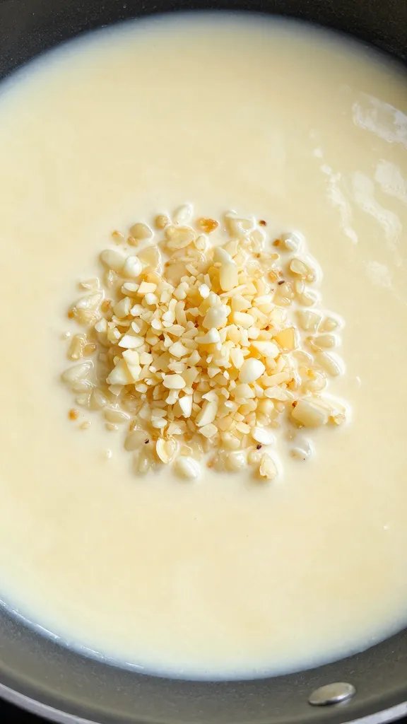 Creamy Garlic Chicken Recipe: Quick & Irresistible Dinner 5 macro shot of minced garlic next to simmering cream sauce in pan